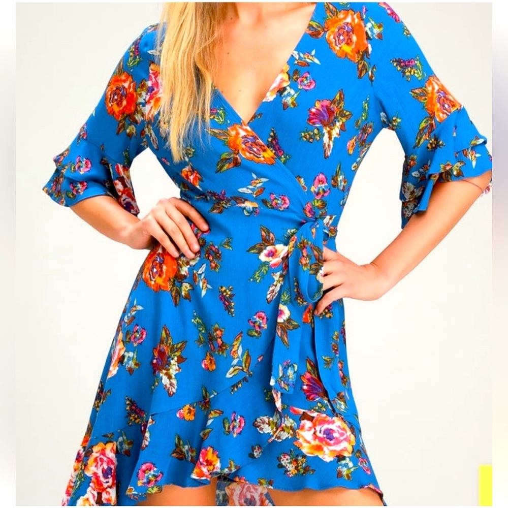 Lulus Rayon Wrap Flounce Sleeve Ruffle Lightweight Boho Vacation Dress Floral